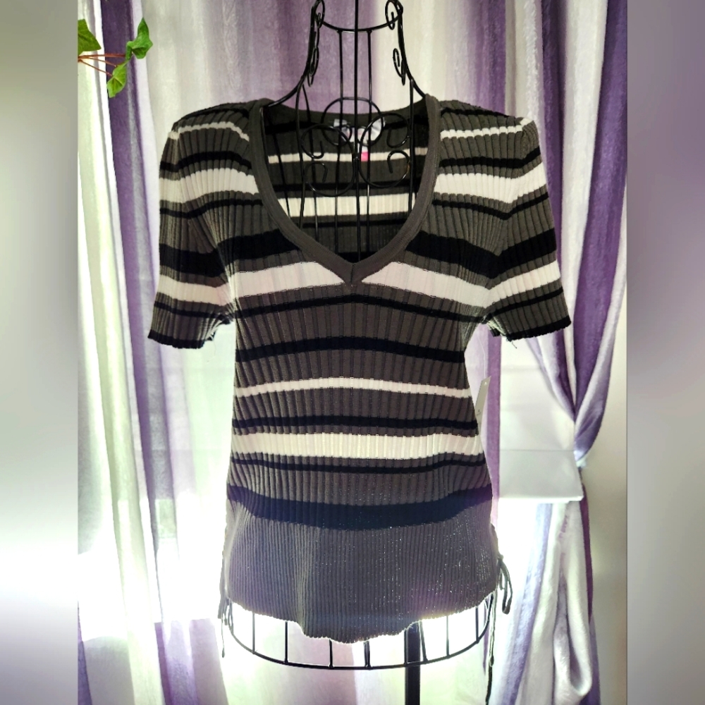 Grayish-Green white and black striped ribbed shirt NWT